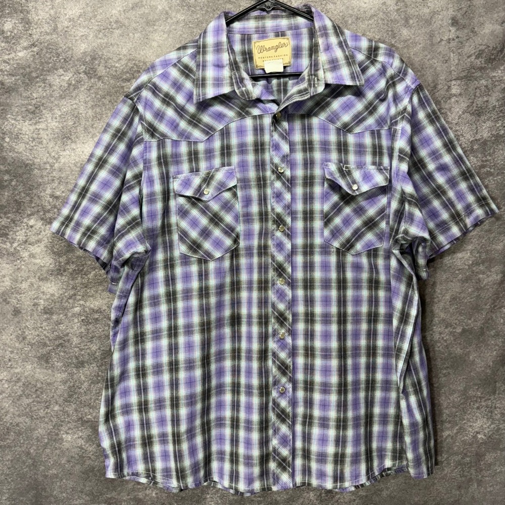 Wrangler Pearl Snap Western Shirt Mens Big 2X Purple Gray Plaid Short Sleeve